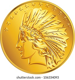 Vector American money gold coin dollar with image of Indians and stars