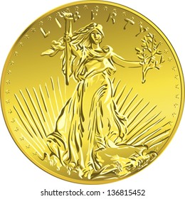 Vector American money, gold coin with the image of Liberty