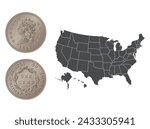 Vector American money, one cent coin, 1808-1814. Vector illustration isolated on the background of a map of the USA.