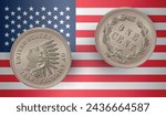 Vector American money, one cent coin, 1859. Isolated on with the USA flag. Vector illustration.