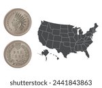 Vector American money, one cent coin, 1860. Vector illustration isolated on the background of a map of the USA.