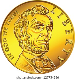 Vector American money, one cent gold coin with the image of the Lincoln