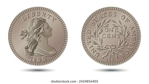 Vector American money, one cent coin, 1796-1807.  Classic head large cent. Vector illustration.