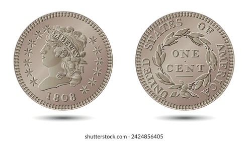 Vector American money, one cent coin, 1808-1814.  Classic head large cent. Vector illustration.