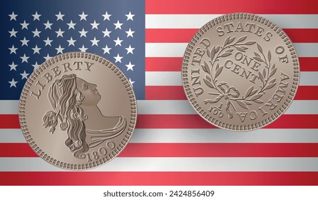 Vector American money, one cent coin, 1796-1807.  Classic head large cent drawing isolated on with the USA flag. Vector illustration.