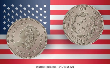 Vector American money, one cent coin, 1808-1814.  Classic head large cent drawing isolated on with the USA flag. Vector illustration.