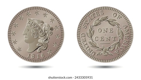 Vector American money, one cent coin, 1816-1839.  Vector illustration.