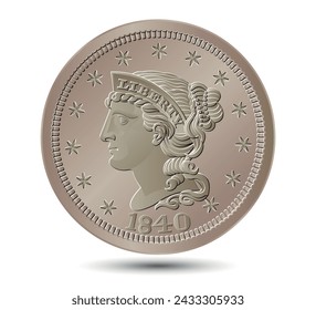 Moneda de un centavo, 1840-1857, ilustración vectorial.