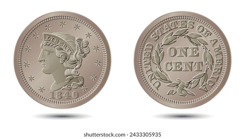 Vector American money, one cent coin, 1840-1857.  Vector illustration.
