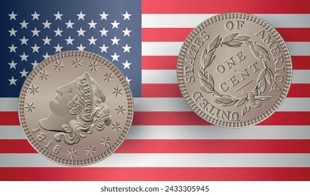 Vector American money, one cent coin, 1816-1839.  Classic head large cent drawing isolated on with the USA flag. Vector illustration.