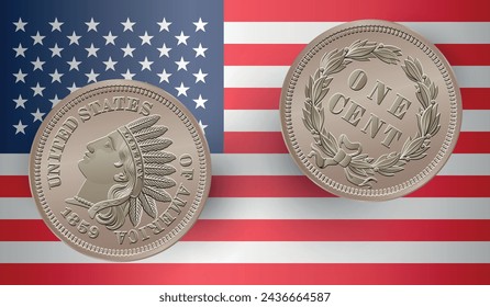 Vector American money, one cent coin, 1859. Isolated on with the USA flag. Vector illustration.