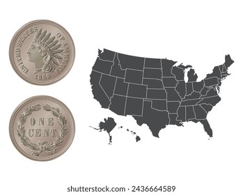 Vector American money, one cent coin, 1859. Vector illustration isolated on the background of a map of the USA.