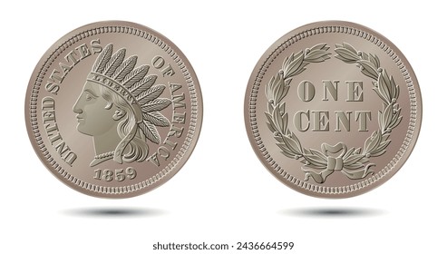 Vector American money, one cent coin, 1859.  Vector illustration.