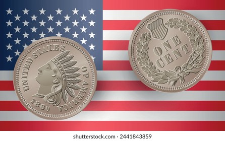 Vector American money, one cent coin, 1860. Isolated on with the USA flag. Vector illustration.