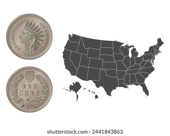 Vector American money, one cent coin, 1860. Vector illustration isolated on the background of a map of the USA.