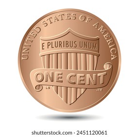 Vector American money, one cent coin, 2010-2024. Vector illustration.