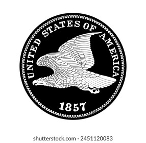 Vector American money, one cent coin, 1857. The coin is depicted in black and white. Vector illustration.