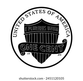 Vector American money, one cent coin, 2010-2024. The coin is depicted in black and white. Vector illustration.