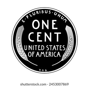 Vector American money, one cent coin, 1909-1958. The coin is depicted in black and white. Vector illustration.