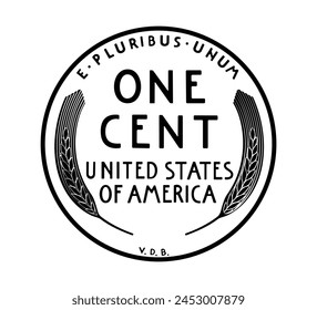 Vector American money, one cent coin, 1909-1958. The coin is depicted in black and white. Vector illustration.