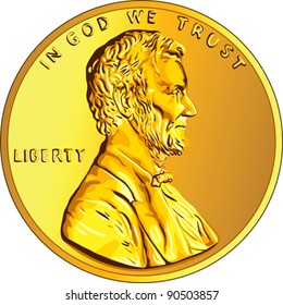 Vector American money, one cent gold coin with the image of the Lincoln