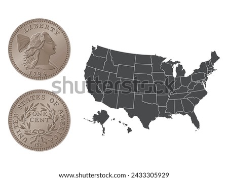 Vector American money, one cent coin, 1793-1795. Vector illustration isolated on the background of a map of the USA.