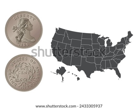 Vector American money, one cent coin, 1796-1807. Vector illustration isolated on the background of a map of the USA.