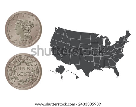 Vector American money, one cent coin, 1840-1857. Vector illustration isolated on the background of a map of the USA.