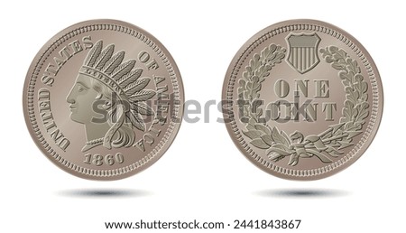 Vector American money, one cent coin, 1860.  Vector illustration.