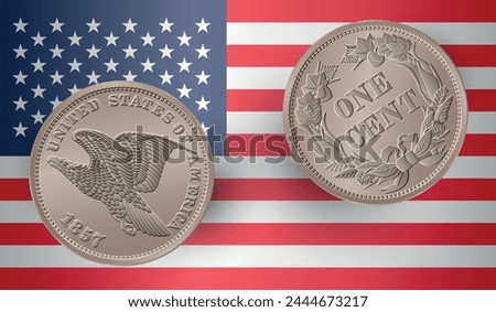 Vector American money, one cent coin, 1857. Classic head large cent drawing isolated on with the USA flag. Vector illustration.