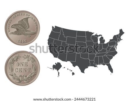 Vector American money, one cent coin, 1857. Vector illustration isolated on the background of a map of the USA.