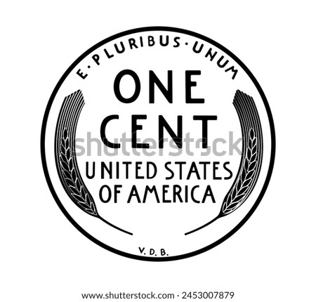 Vector American money, one cent coin, 1909-1958. The coin is depicted in black and white. Vector illustration.