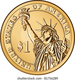 Vector American money, one dollar coin with the image of the Statue of Liberty