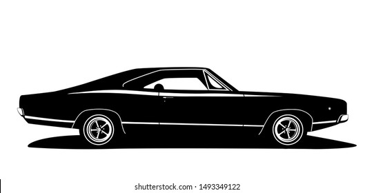 Vector american muscle car profile. Classic vehicle graphics design. Hot rod silhouette black and white. Cars label for web logo 