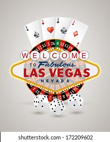 vector american roulette wheel with Las Vegas sign, playing cards and dice