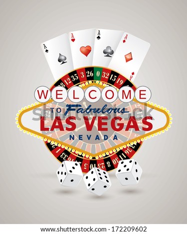 vector american roulette wheel with Las Vegas sign, playing cards and dice