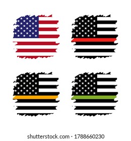 Vector American Thin Line Flag Set - gold, blue, red, green. a sign to honor and respect American Dispatchers, Security Guards, Loss Prevention, police.