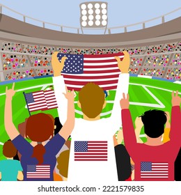 Vector Of American Or US Soccer Fans Or Crowd, Supporters Cheering And Supporting Thier National Football Team With A Flag.