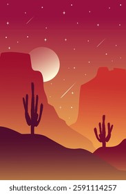 Vector american valley illustration. Rocky Desert morning landscape art. Sunset in Arizona