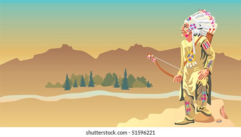vector american warrior holding a bow against wild nature landscape