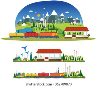 Vector, amid the industrial landscape with windmills, power lines, eco-factories with the image of the train station and design elements.