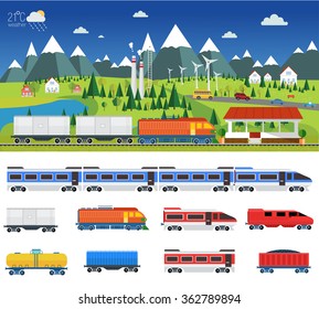 Vector, amid the industrial landscape with windmills, power lines, eco-factories with the image of the train station and design elements.