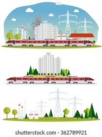 Vector, amid the industrial landscape with windmills, power lines, eco-factories with the image of the train station and design elements.