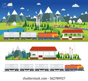 Vector, amid the industrial landscape with windmills, power lines, eco-factories with the image of the train station and design elements.