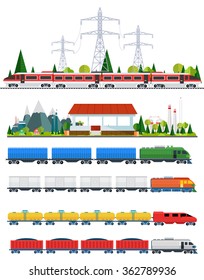 Vector, amid the industrial landscape with windmills, power lines, eco-factories with the image of the train station and design elements.