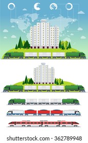 Vector, amid the industrial landscape with windmills, power lines, eco-factories with the image of the train station and design elements.