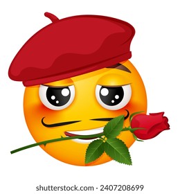 Vector amorous emoji in french beret. Smiling yellow face with rose and mustache. Happy emoji in love. Cute emoticon. On white background.