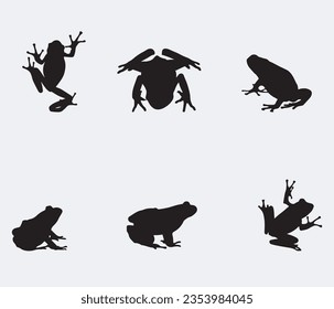 Silueta vectorial anfibia sobre el fondo blanco. Siluetas de rana. Colección de silueta anfibia vectorial aislada. Siluetas vectoriales de anfibios, vista superior