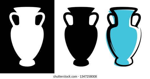 Vector amphora image in celadon color and silhouettes in white and black background isolated in flat style. Illustration of ancient greek clay urn.