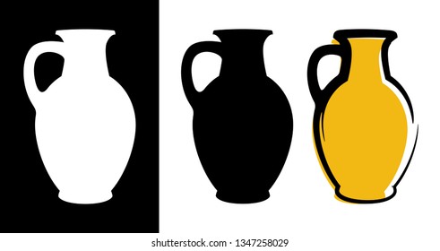 Vector amphora image in yellow color and silhouettes in white and black background isolated in flat style. Illustration of ancient greek clay urn.